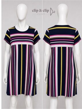 Womens Navy Striped Short Sleeve Swing Dress